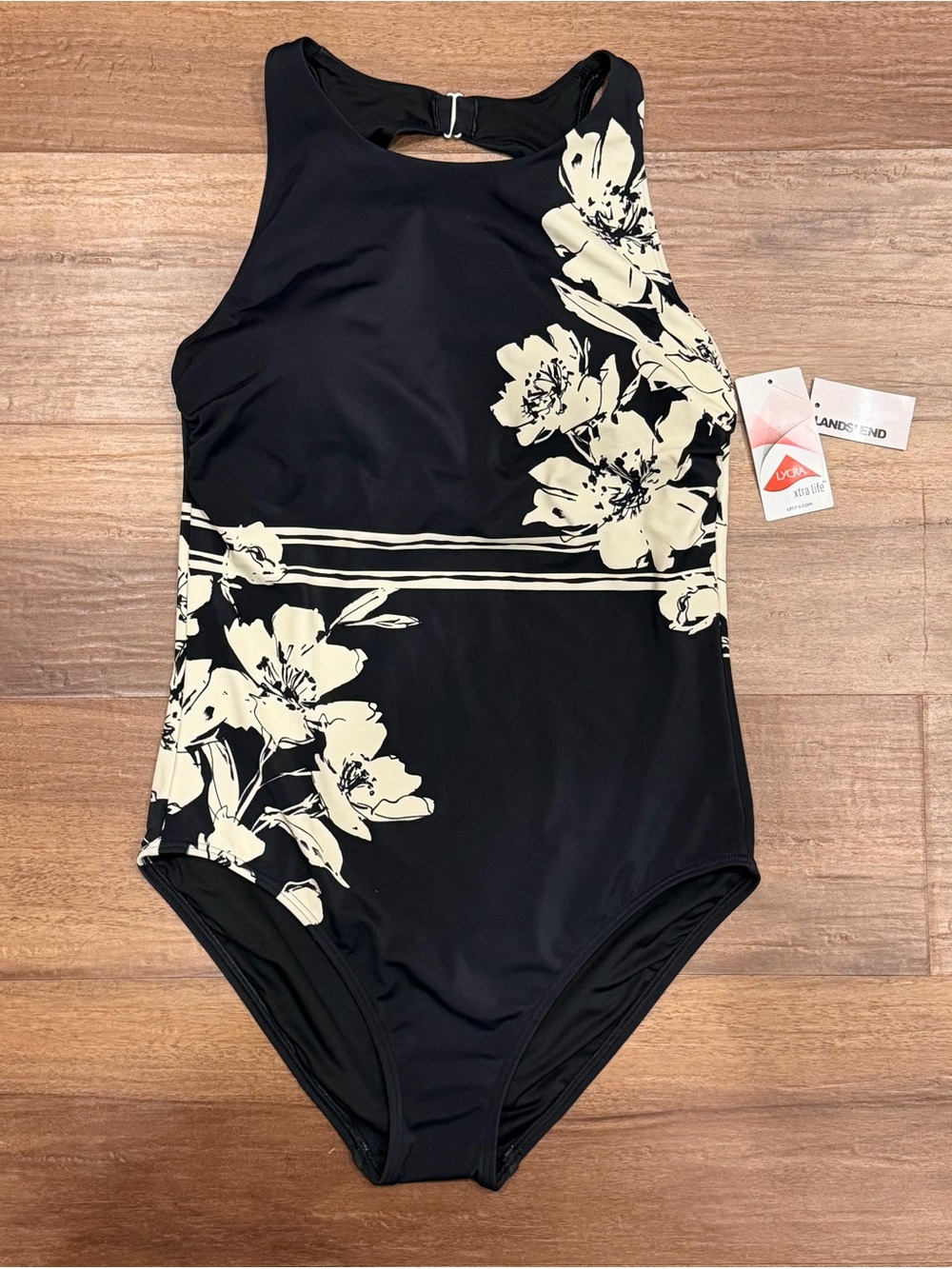 Women’s Tugless High Neck Portrait Back One Piece Swimsuit - Black Floral